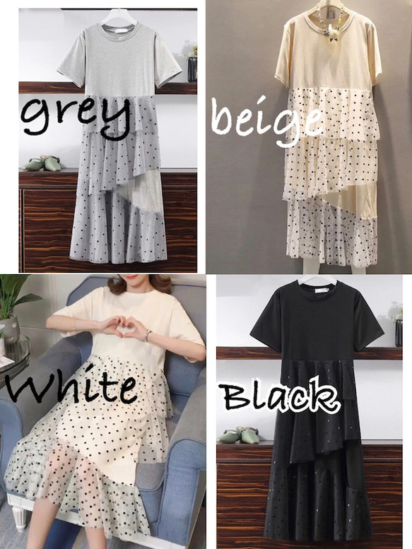 SALE✿︎異素材 Tシャツ ドットチュール ティアードワンピース ロング 丈 マキシ 春夏 インポート　ママ　フリー 2枚目の画像