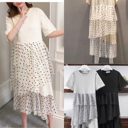 SALE✿︎異素材 Tシャツ ドットチュール ティアードワンピース ロング 丈 マキシ 春夏 インポート　ママ　フリー 3枚目の画像