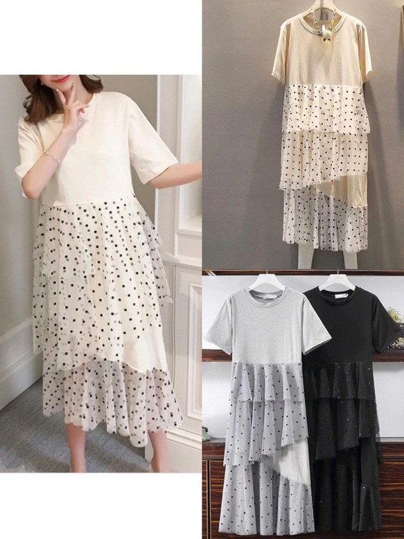 SALE✿︎異素材 Tシャツ ドットチュール ティアードワンピース ロング 丈 マキシ 春夏 インポート　ママ　フリー 3枚目の画像