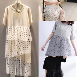 SALE✿︎異素材 Tシャツ ドットチュール ティアードワンピース ロング 丈 マキシ 春夏 インポート　ママ　フリー 4枚目の画像