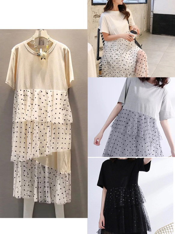 SALE✿︎異素材 Tシャツ ドットチュール ティアードワンピース ロング 丈 マキシ 春夏 インポート　ママ　フリー 4枚目の画像