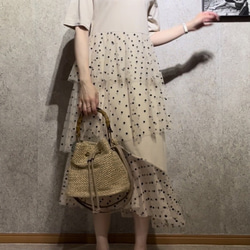 SALE✿︎異素材 Tシャツ ドットチュール ティアードワンピース ロング 丈 マキシ 春夏 インポート　ママ　フリー 6枚目の画像