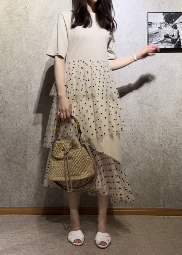 SALE✿︎異素材 Tシャツ ドットチュール ティアードワンピース ロング 丈 マキシ 春夏 インポート　ママ　フリー 6枚目の画像