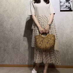 SALE✿︎異素材 Tシャツ ドットチュール ティアードワンピース ロング 丈 マキシ 春夏 インポート　ママ　フリー 7枚目の画像