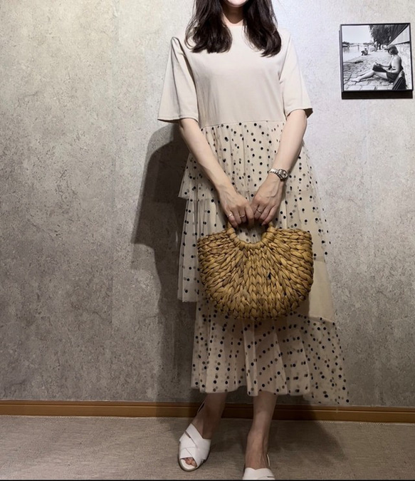 SALE✿︎異素材 Tシャツ ドットチュール ティアードワンピース ロング 丈 マキシ 春夏 インポート　ママ　フリー 7枚目の画像