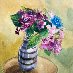 水彩画 花瓶の花 紫と緑の色合い 花瓶のアジサイ 【透明水彩風景画】 Hydrangea【Watercolor