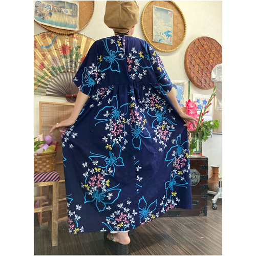 着物リメイクワンピース　　しじら織の浴衣からバルーンドレス ショールカラーコートドレス / パターンオーダー専用 / 着物