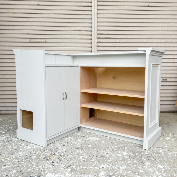 美容室向けL字カウンター 店舗向けレジカウンター オーダーメイド店舗什器 かわいいアンティークカウンター エイジング塗装 