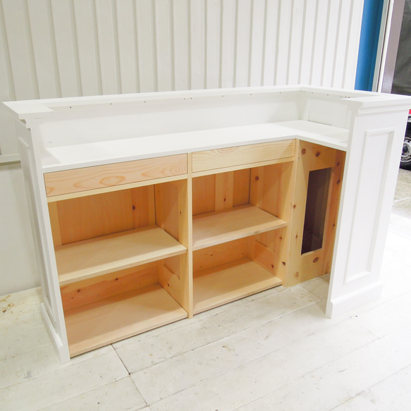 美容室向けL字カウンター 店舗向けレジカウンター オーダーメイド店舗什器 かわいいアンティークカウンター エイジング塗装 