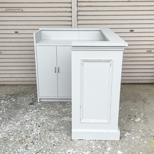 美容室向けL字カウンター 店舗向けレジカウンター オーダーメイド店舗什器 かわいいアンティークカウンター エイジング塗装 