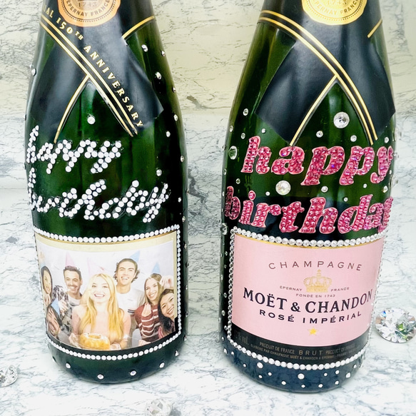 名入れ メッセージ 写真入れ シャンパンデコ　オリシャン　スワロフスキー 誕生日　記念日　キラキラ　宝石 酒 推し 祝い 
