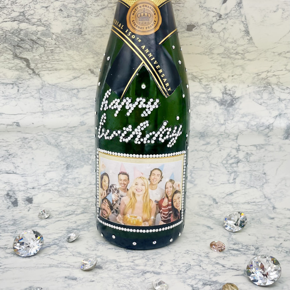 名入れ メッセージ 写真入れ シャンパンデコ　オリシャン　スワロフスキー 誕生日　記念日　キラキラ　宝石 酒 推し 祝い 