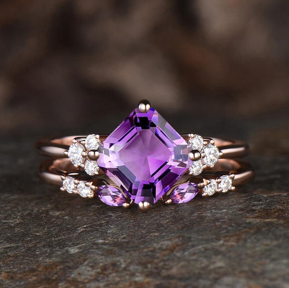 2月の誕生石 天然アメジスト リングセット ユニークなパープル  