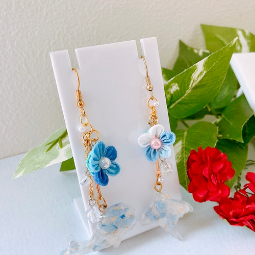 海の生き物ピアス ピアス イヤリング つまみ細工 くじら クリオネ