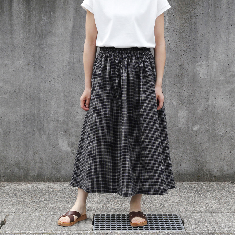 【播州織】綿麻 ギャザースカート（ ウィンドウペーン ）リネン 麻 ロング マキシ ポケット 麻