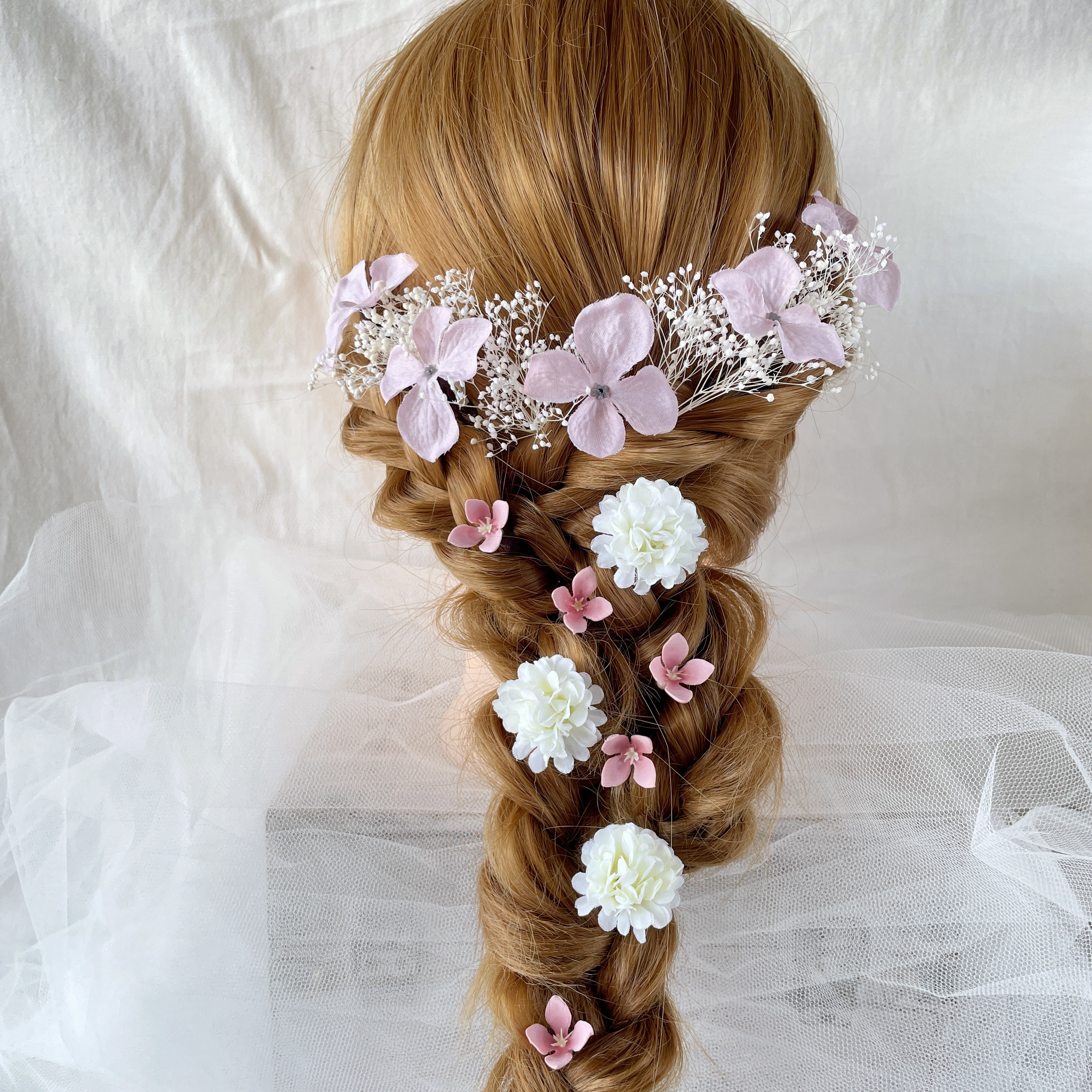 ブライダル　ウエディング　結婚式　かすみ草　紫陽花　ヘッドドレス　モーヴ　前撮り　卒業式　成人式　成人式髪飾り　袴　和装