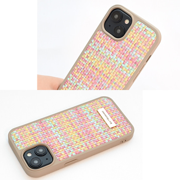 多機種対応 カラー リアケース  【 編み込み風チェック 】 プレート 名入れ スマホケース くすみカラー FF01C 4枚目の画像