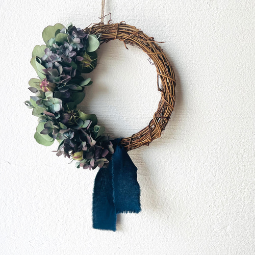 ❃紫陽花とユーカリのオーバルリース 風薫る、紫陽花とユーカリの