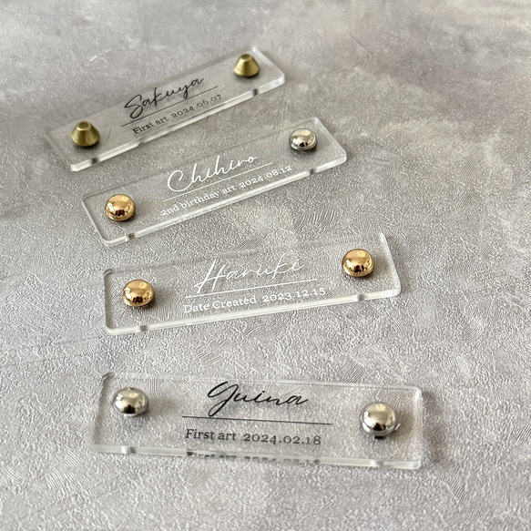 金具付き【ファーストアートタグ】ネームプレート 筆記体　クリア アクリル アートタグ　ファーストアート　透明 夏 2枚目の画像