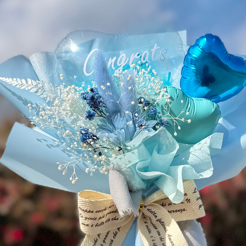 卒業祝い ｜フラワーバルーンブーケ ブルー｜名入れ可｜発表会｜誕生日