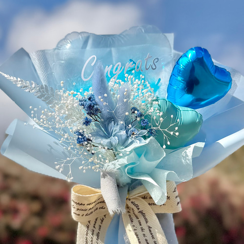 もか　バルーンブーケ　卒業ブーケ 卒業祝い ｜フラワーバルーンブーケ ブルー｜名入れ可｜発表会｜誕生日