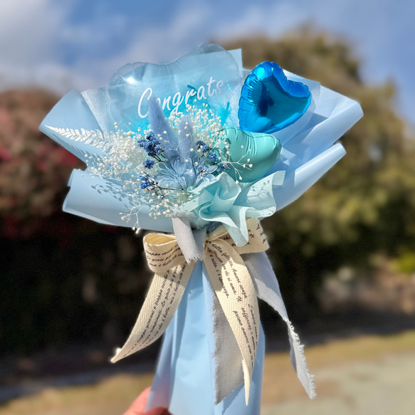 卒業祝い ｜フラワーバルーンブーケ ブルー｜名入れ可｜発表会｜誕生日