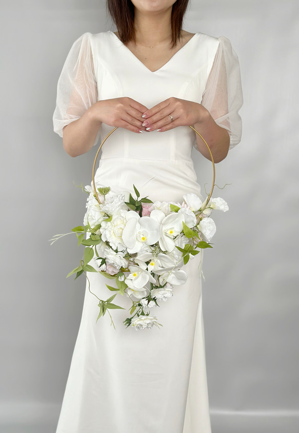 ♥セール☆ ♥ウェディングブーケ♥ブーケ ＊● 結婚式♥前撮り 即納品可能】ウェディングブーケ 2wayフープブーケ ホワイト