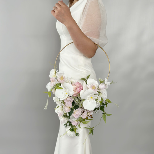 即納品可能】ウェディングブーケ 2wayフープブーケ ホワイトブーケ