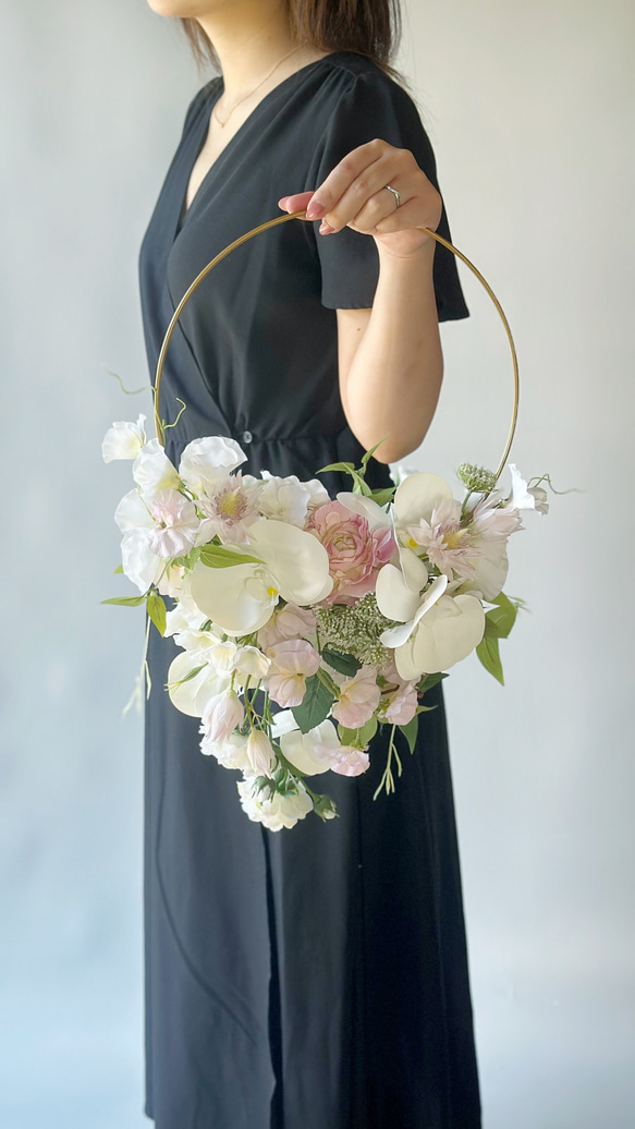 即納品可能】ウェディングブーケ 2wayフープブーケ ホワイトブーケ