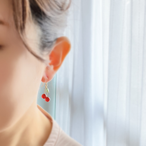 1点限定】天然石のさくらんぼピアスレッドアゲート トルマリン 14kgf