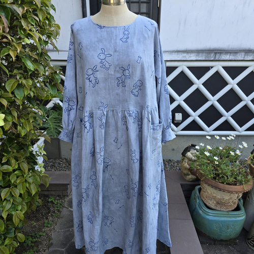 着物リメイク 銘仙 かわいい 八分袖 ロングワンピース L〜 L L（着物  