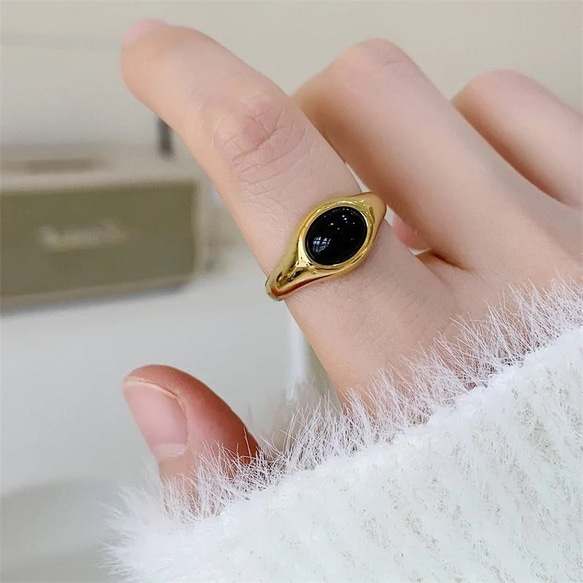 金アレ対応 316L 18k ブラックストーンリング(0544) 指輪・リング