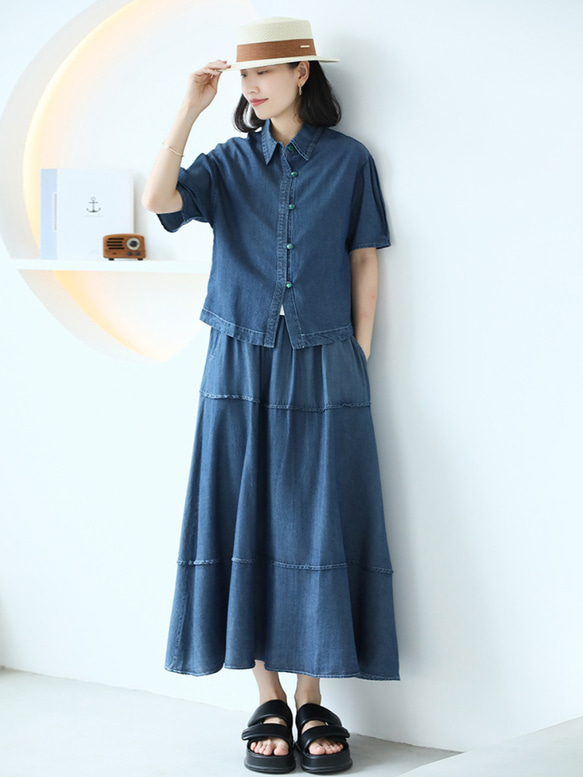 伊太利屋。デニムシャツ。スカート。セットアップ。 ❤️丈直し無料❤️ デニムセットアップ カジュアル ライセル 柔らかい