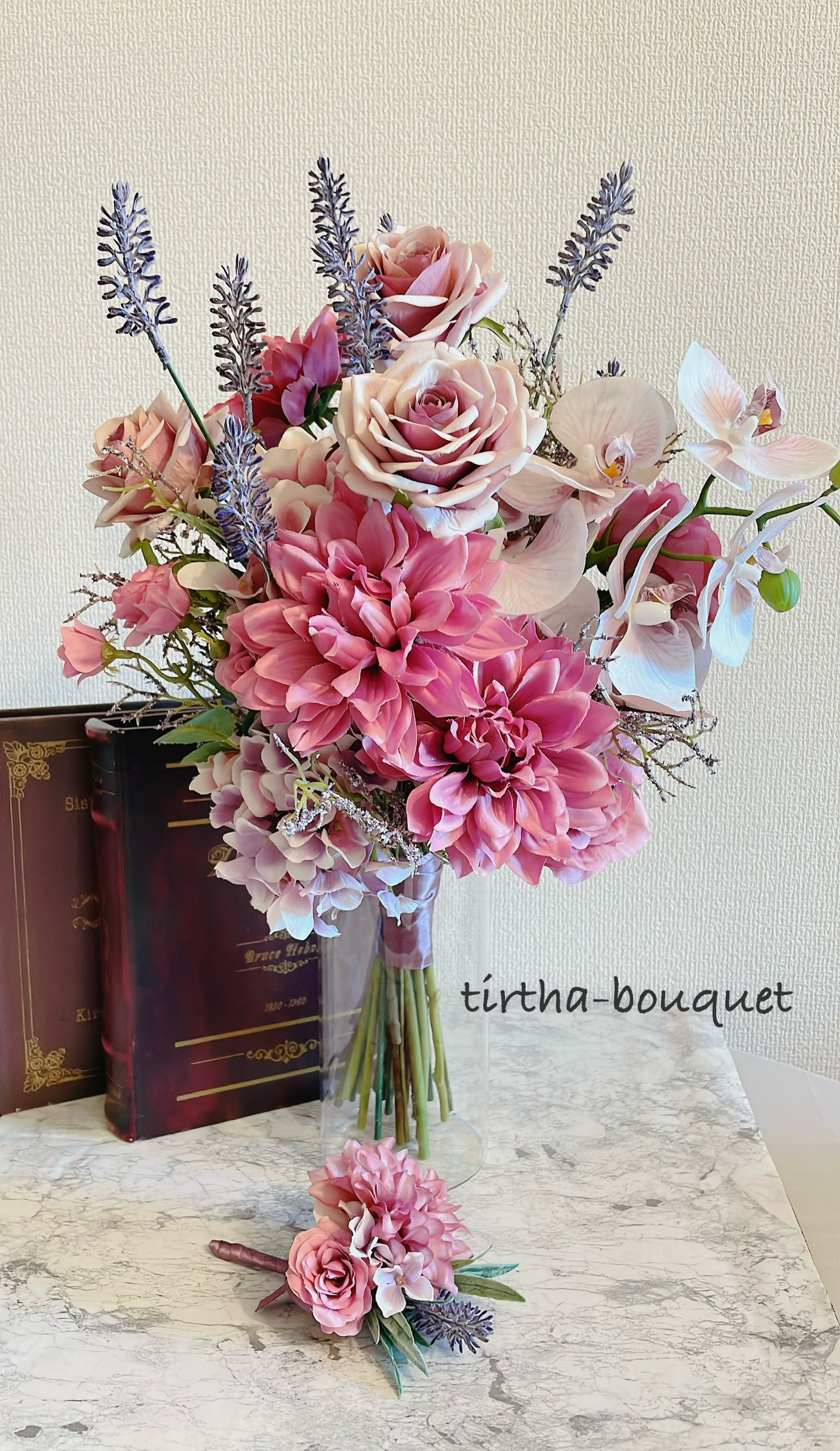 ウェディングブーケヘアピースブートニアピンクバラアーティシャルフラワー