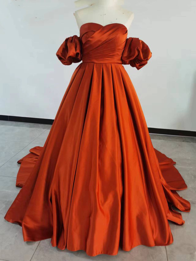 高品質！テラコッタ色  ベアトップ カラードレス   取り外し袖  華やかなトレーン  /結婚式/披露