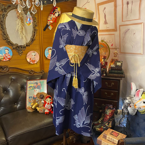 一点物　浴衣　リメイク　コーマ地　ワンピース  ハンドメイド　シンプル　綿紬　蝶 9d113ffbc7236b8adbd96142a98bc2