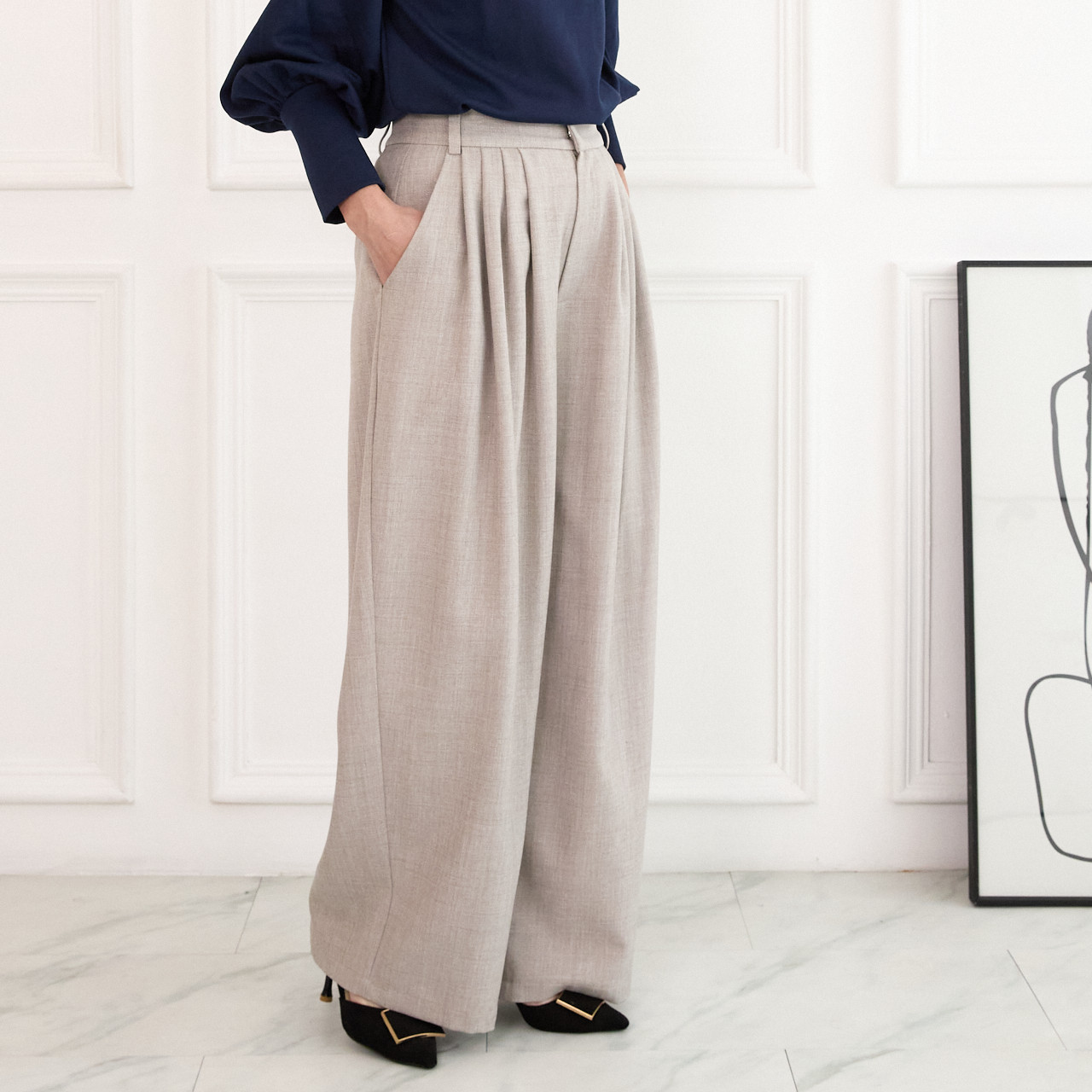 【洗濯可、通年着れる】プリーツタック ワイドパンツ  後ろウエストゴム 　【4サイズ】 ベージュ　0635BE 9,240円