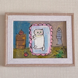 絵画。原画【かわいい白い猫はふにゃふにゃの枕が好きだ】 絵画 アカザ