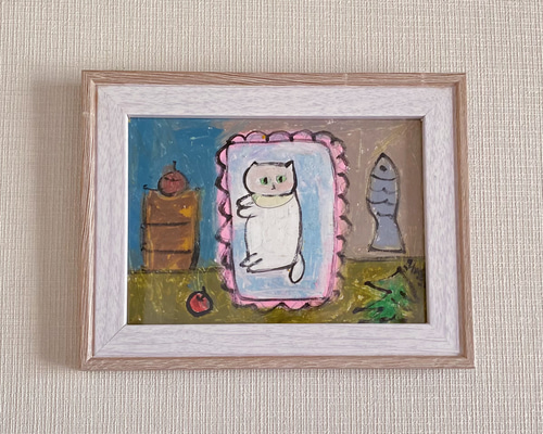 絵画 。壁掛け絵原画【美しい花束を整えた少女は2匹のシャム猫と遊んでいる】 絵画。原画【かわいい白い猫はふにゃふにゃの枕が好きだ】 絵画 アカザ