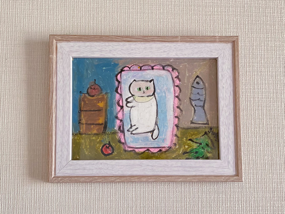 絵画。原画【かわいい白い猫はふにゃふにゃの枕が好きだ】 絵画 アカザ