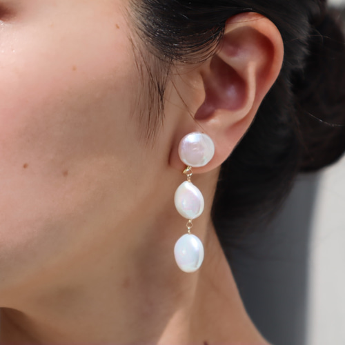 3連 コインパール イヤリング 14kgf サージカルステンレス イヤリング