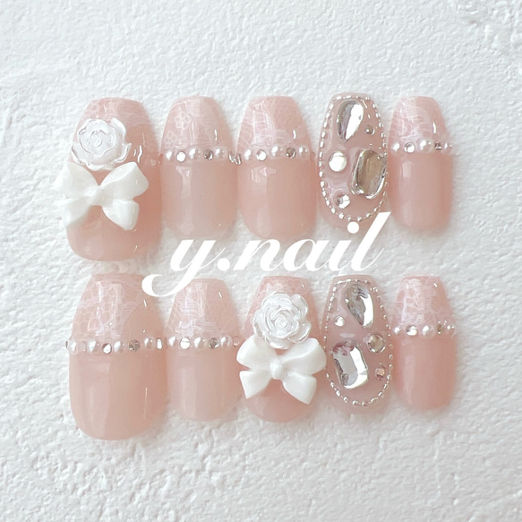 ネイルチップ/薔薇ネイル/バラネイル/レースネイル/ガーリーネイル