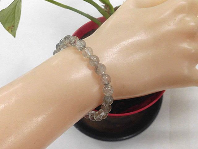 天然石 スティブナイト・イン・クォーツ6.8mm～7.3mm玉ブレスレット 内周17.5cm 　　240101487