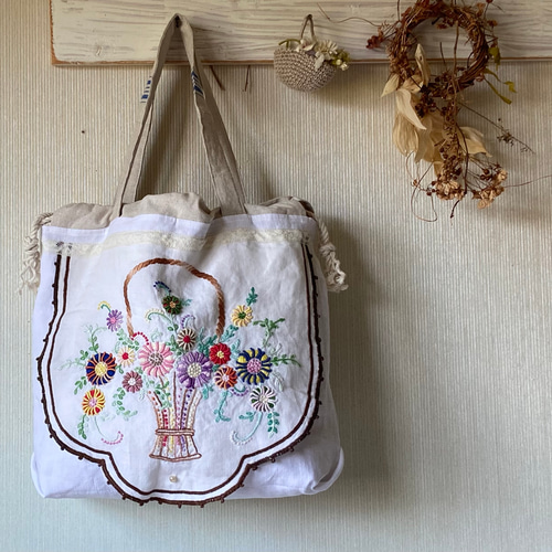 豪華手刺繍*アンティーク、ヴィンテージ*花かごバッグ手刺繍