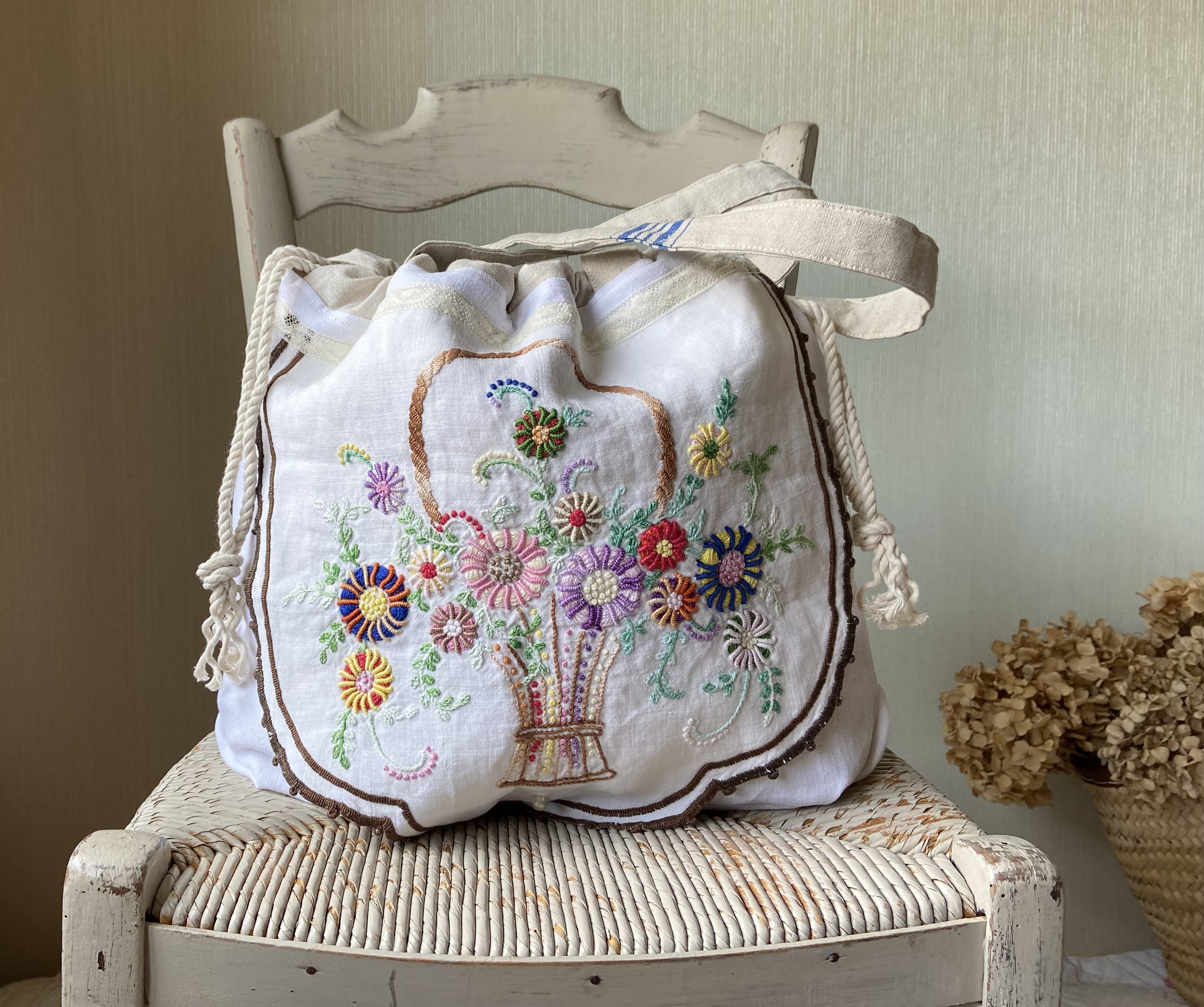 フランスアンティーク　ヴィンテージ*大きな花かご刺繍　ドイリー　かごカバー