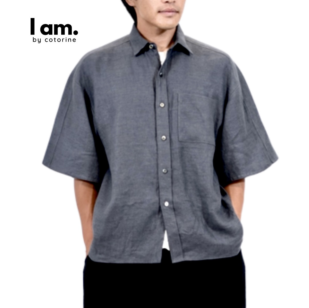 メンズ半袖シャツ 【フレンチリネンツイル bw加工】チャコールグレー