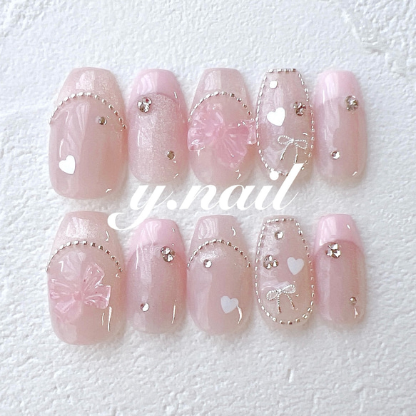 ネイルチップ/リボンネイル/フレンチネイル/ガーリーネイル