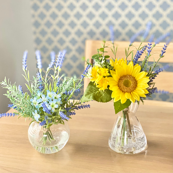 【母の日フラワー】本物みたい♪ラベンダー&ハーブに涼やか夏の青い花 お手入れ不要♪水ジェルに生けたアートフラワー 3枚目の画像
