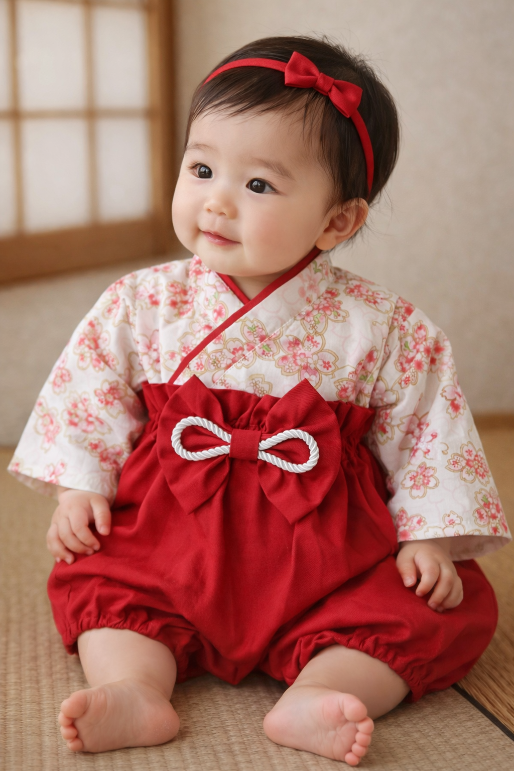 ベビー袴　和柄　桜✕濃赤