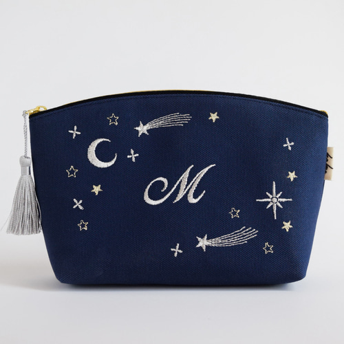 葉日月様オーダーポーチ 選べるイニシャル》星空の刺繍ポーチ マチあり コスメ 両面刺繍 七夕